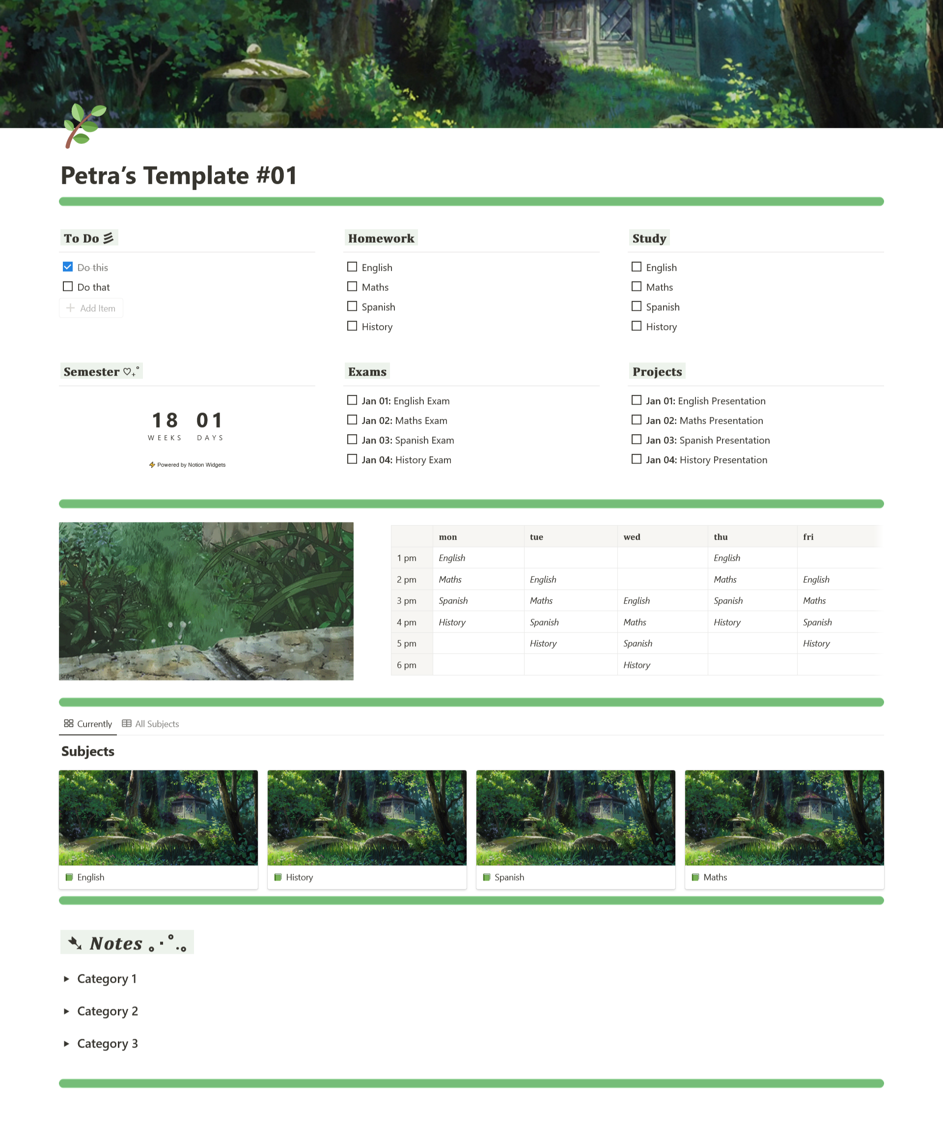 A Notion screenshot of a green template.