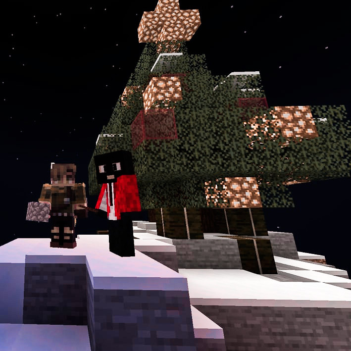 A screenshot of two players in Minecraft standing in front of an in-game christmas tree.