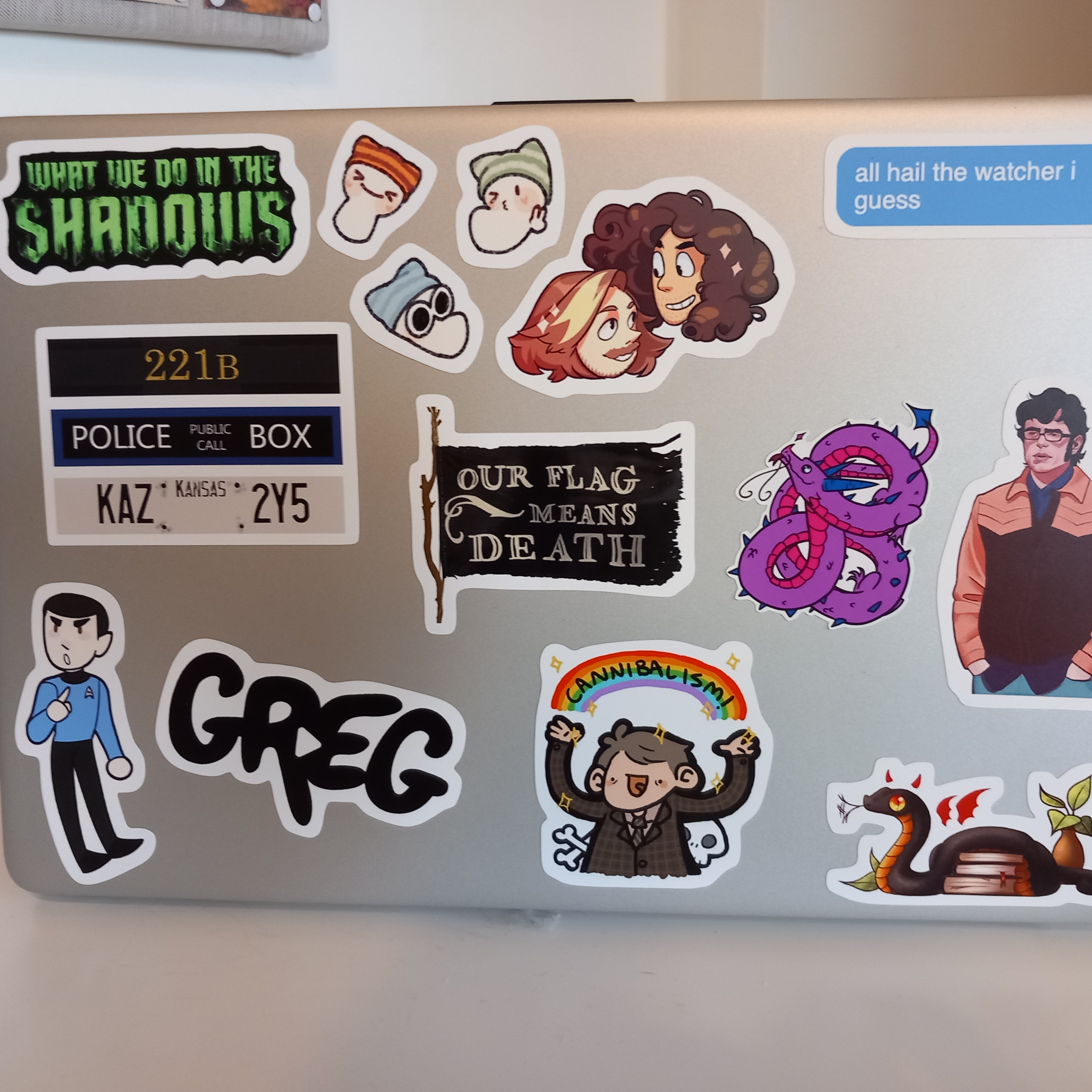 The backside of a laptop with many colorful stickers on it. The stickers are logos from fandoms, for example 'Game Grumps', 'What we do in the Shadows', and 'Our Flag Means Death'.