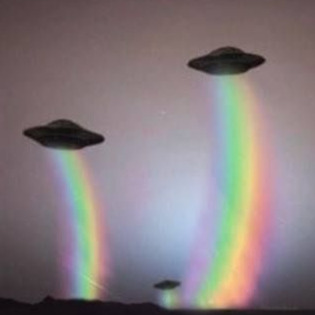 Two flying saucers in the sky. There are rainbows coming out of them.